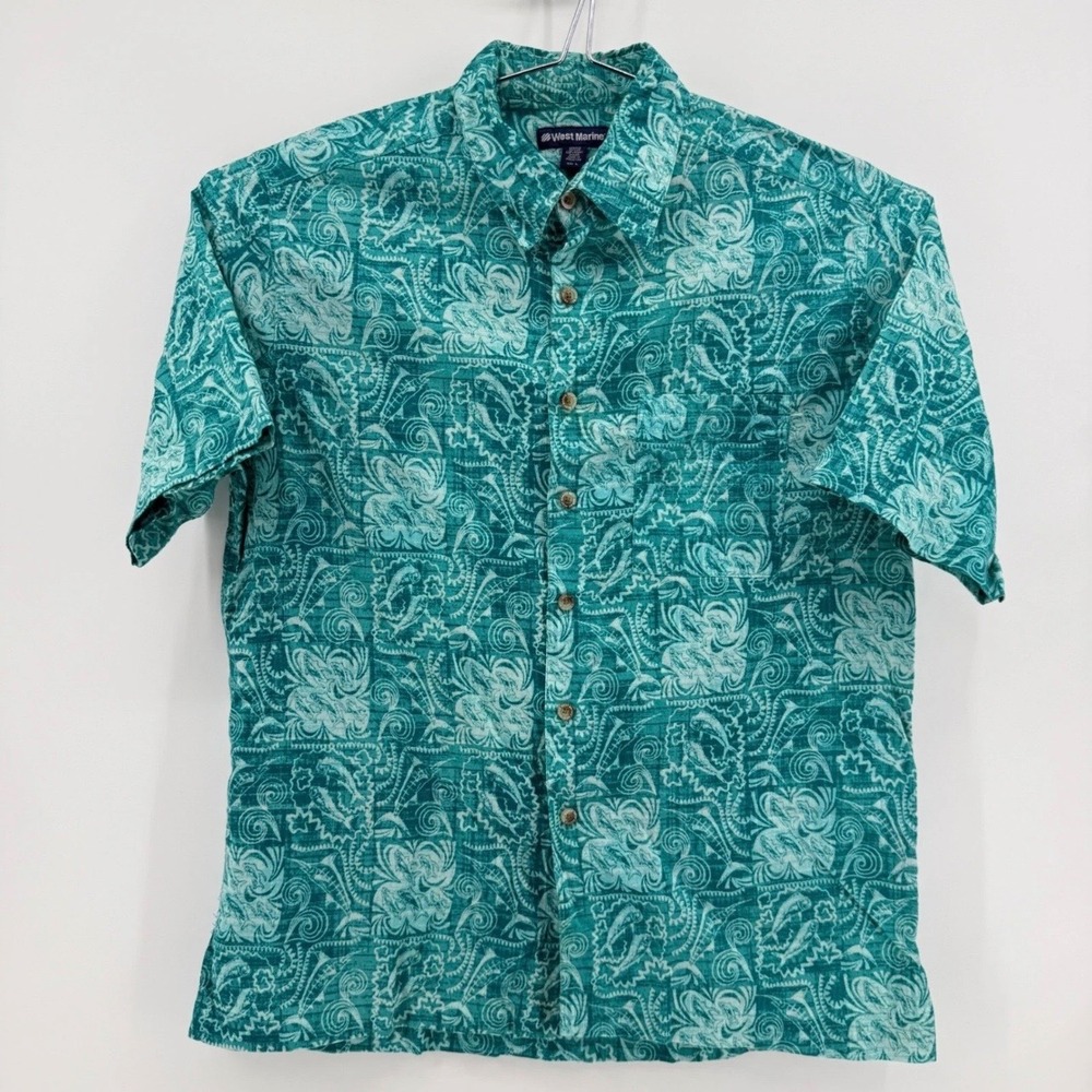 West Marine Button Down Mens L Fish Print 100% Cotton Teal Green Pattern